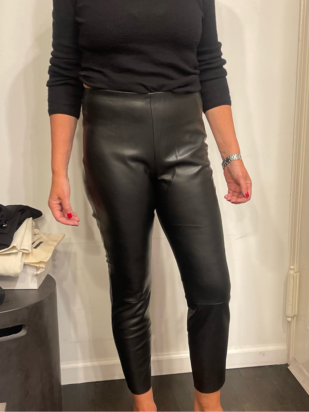 Oui Classic Black Faux Leather High-Waist Pants - Women's